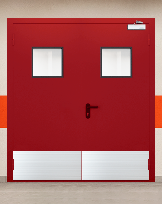 Противопожарная двупольная красная дверь EIWS 90 с квадратным окном, широким отбойником
