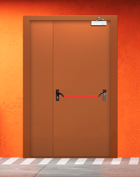 Противопожарная полуторная коричневая дверь EIS 60 с ручкой антипаника