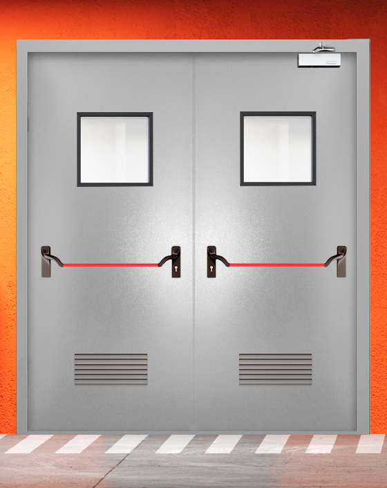 Противопожарная двупольная серая дверь порошковым напылением EIS 30 с ручкой антипаника, квадратным окном, прямоугольной решеткой