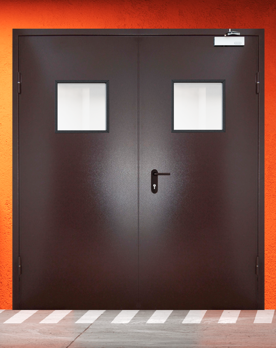 Противопожарная двупольная коричневая дверь порошковым напылением EIWS 30 с квадратным окном