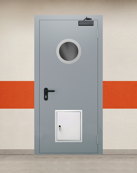 Противопожарная однопольная серая дверь EI 45 с круглым окном, стыковочным узлом