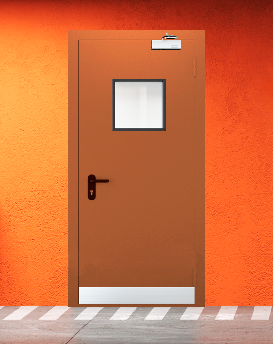 Противопожарная однопольная коричневая дверь EI 60 (2-го типа) с квадратным окном, узким отбойником