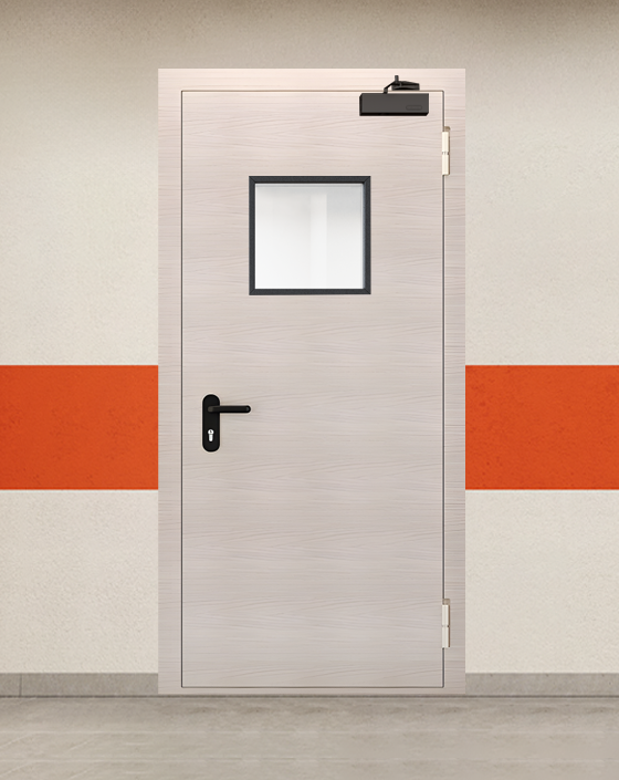 Противопожарная однопольная МДФ бежевая дверь EIS 90 с квадратным окном