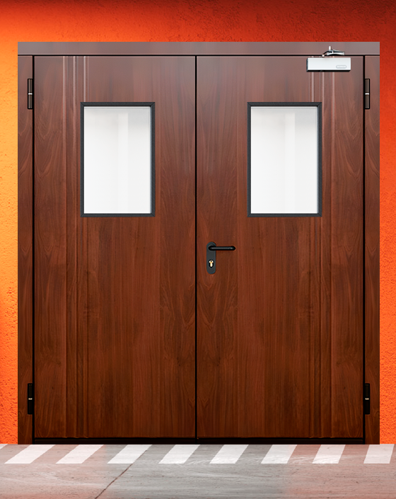Противопожарная двупольная МДФ коричневая дверь с прямоугольным окном