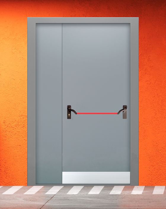 Противопожарная полуторная серая дверь EI 60 (2-го типа) без доводчика с ручкой антипаника, узким отбойником