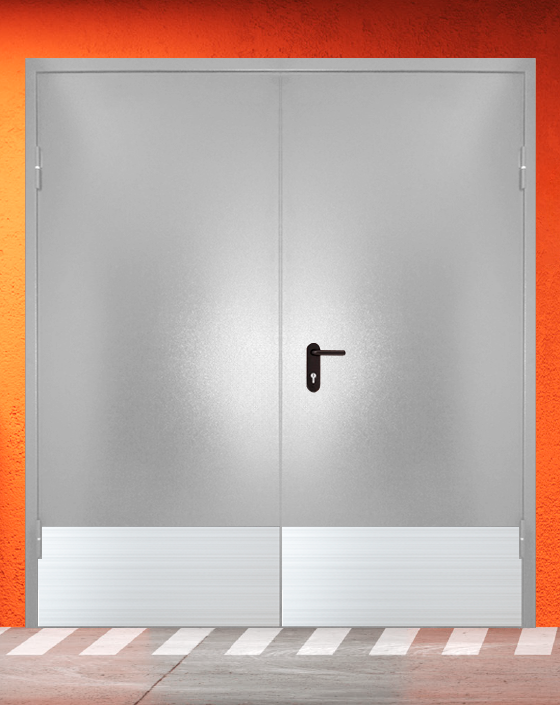 Противопожарная двупольная серая дверь порошковым напылением EIW 30 без доводчика с широким отбойником