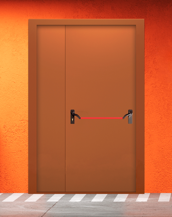 Противопожарная полуторная коричневая дверь EIS 60 без доводчика с ручкой антипаника