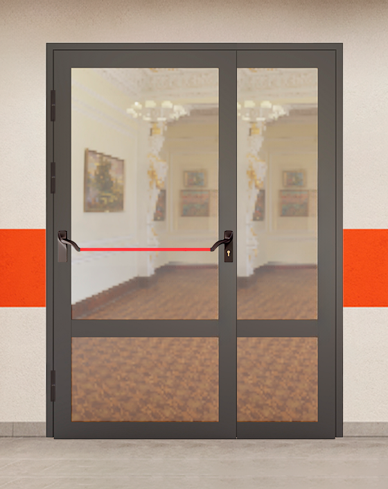 Противопожарная полуторная светопрозрачная стальная коричневая дверь EIW 60 без доводчика с ручкой антипаника