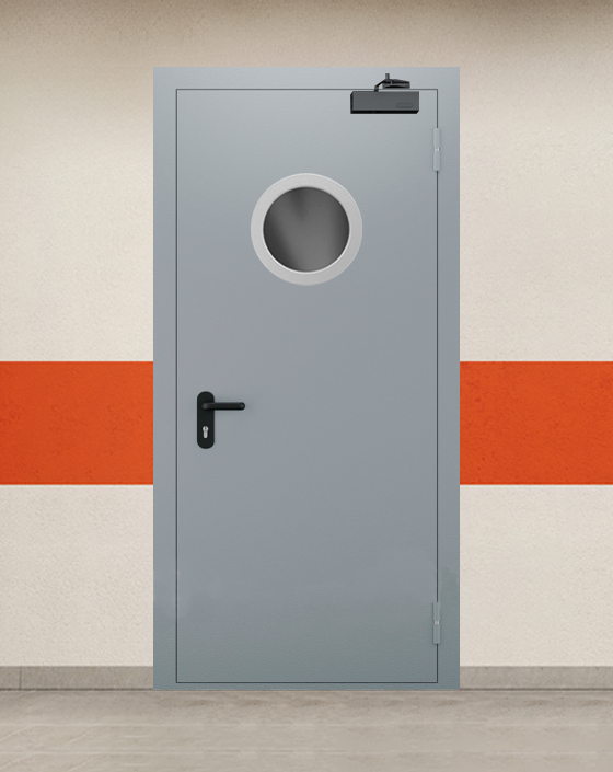 Противопожарная однопольная серая дверь EI 45 с круглым окном