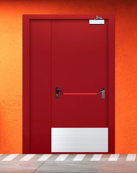 Противопожарная полуторная красная дверь EIW 60 с ручкой антипаника, широким отбойником