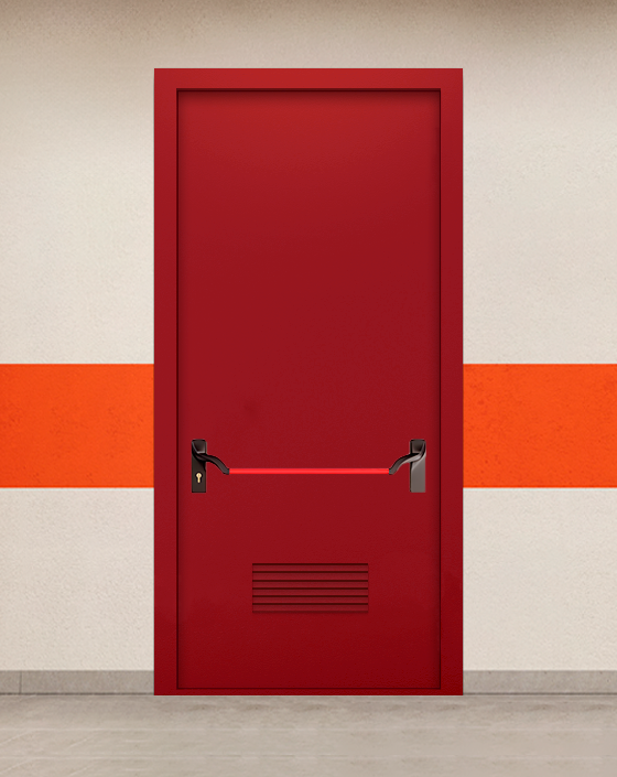 Противопожарная однопольная красная дверь EIWS 60 без доводчика с ручкой антипаника, прямоугольной решеткой