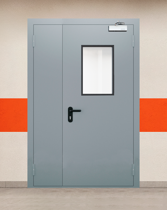 Противопожарная полуторная серая дверь EI 30 (3-го типа) с прямоугольным окном