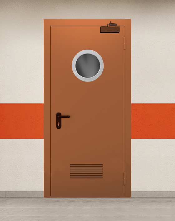 Противопожарная однопольная коричневая дверь EI 45 с круглым окном, прямоугольной решеткой