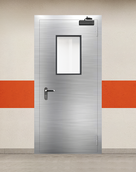 Противопожарная однопольная из нержавеющей стали серая дверь EIWS 30 с прямоугольным окном