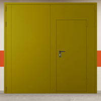 Ворота металлические двустворчатые желтые с дверью без доводчика