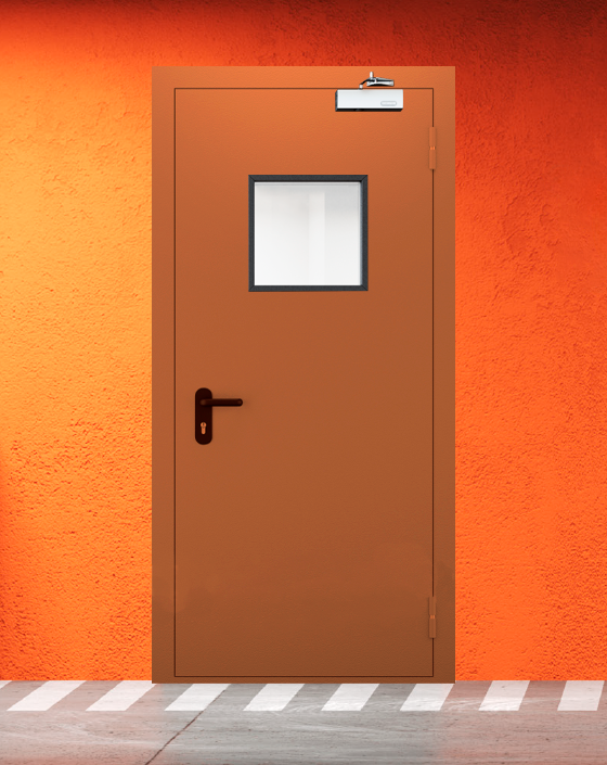 Противопожарная однопольная коричневая дверь EI 60 (2-го типа) с квадратным окном