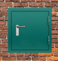 Люк металлический зеленый с блестящей ручкой