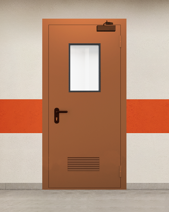 Противопожарная однопольная коричневая дверь EI 45 с прямоугольным окном, прямоугольной решеткой