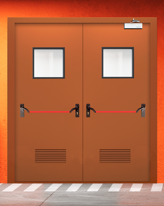 Противопожарная двупольная коричневая дверь EIS 60 с ручкой антипаника, квадратным окном, прямоугольной решеткой