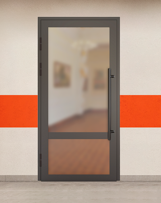 Противопожарная однопольная светопрозрачная стальная коричневая дверь EIW 30 без доводчика с ручками скобами