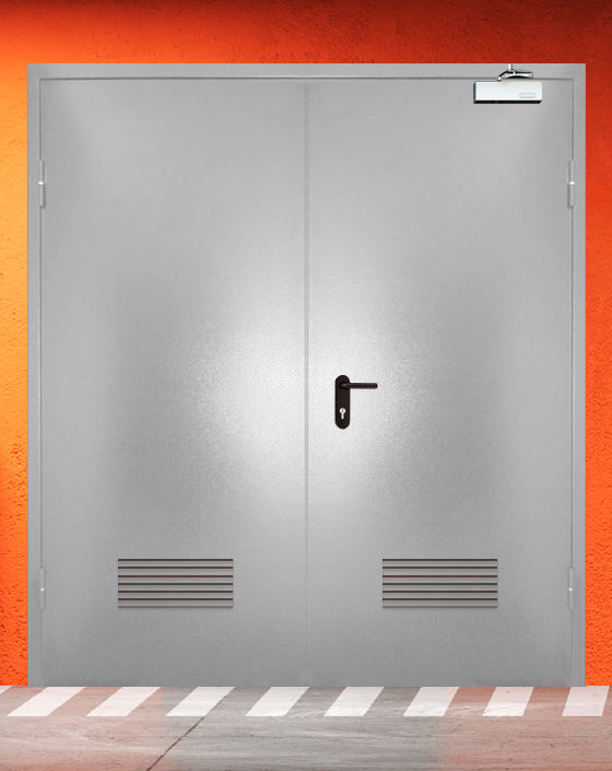 Противопожарная двупольная серая дверь порошковым напылением EIW 30 с прямоугольной решеткой