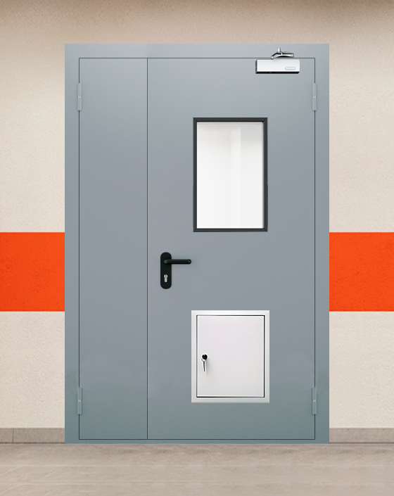 Противопожарная полуторная серая дверь EI 30 (3-го типа) с прямоугольным окном, стыковочным узлом