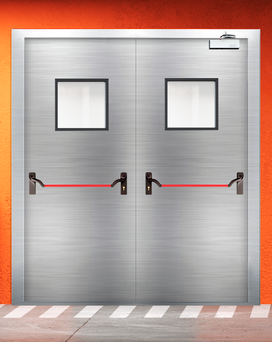 Противопожарная двупольная из нержавеющей стали серая дверь EI 30 (3-го типа) с ручкой антипаника, квадратным окном