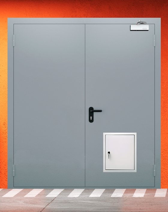 Противопожарная двупольная серая дверь EI-90 с стыковочным узлом