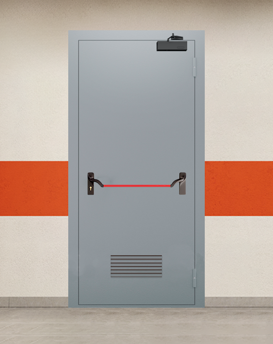 Противопожарная однопольная серая дверь EI 90 с ручкой антипаника, прямоугольной решеткой