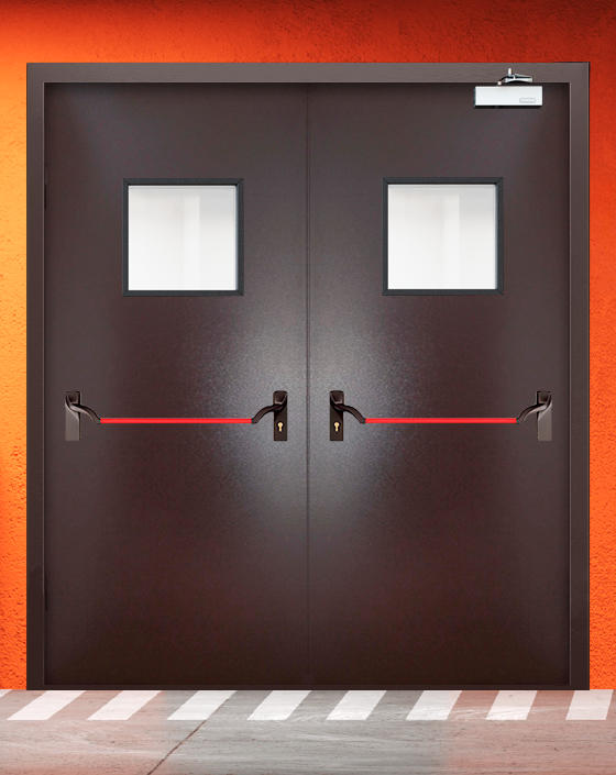Противопожарная двупольная коричневая дверь порошковым напылением EIWS 60 с ручкой антипаника, квадратным окном