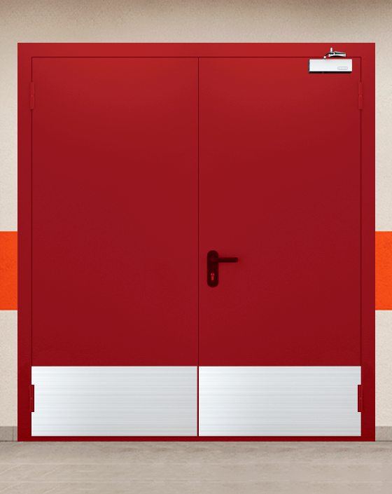 Противопожарная двупольная красная дверь EIWS 90 с широким отбойником