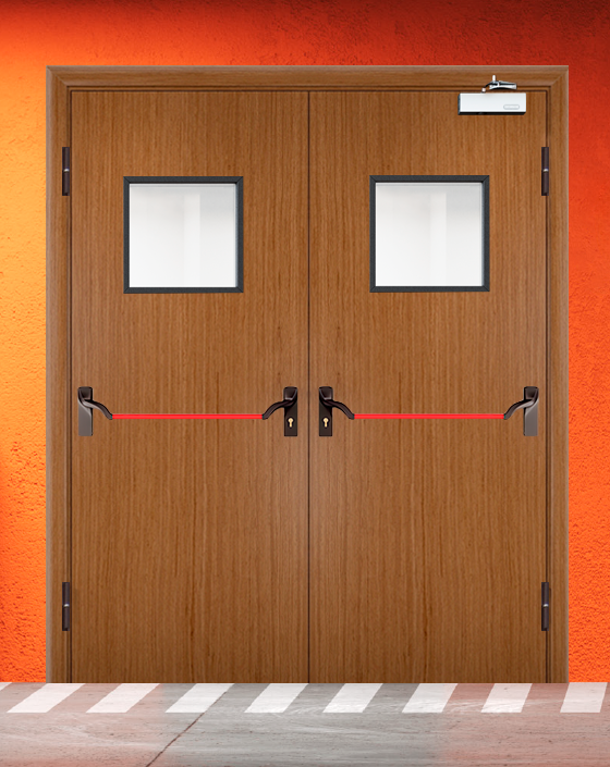 Противопожарная двупольная шпон дверь с ручкой антипаника, квадратным окном