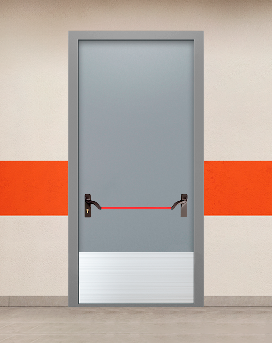 Противопожарная однопольная серая дверь EIS 60 без доводчика с ручкой антипаника, широким отбойником