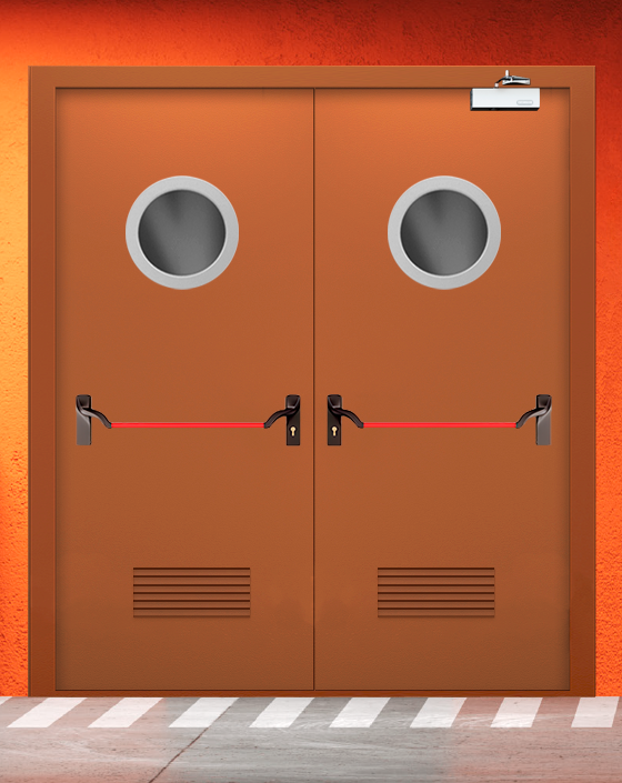 Противопожарная двупольная коричневая дверь EIS 60 с ручкой антипаника, круглым окном, прямоугольной решеткой