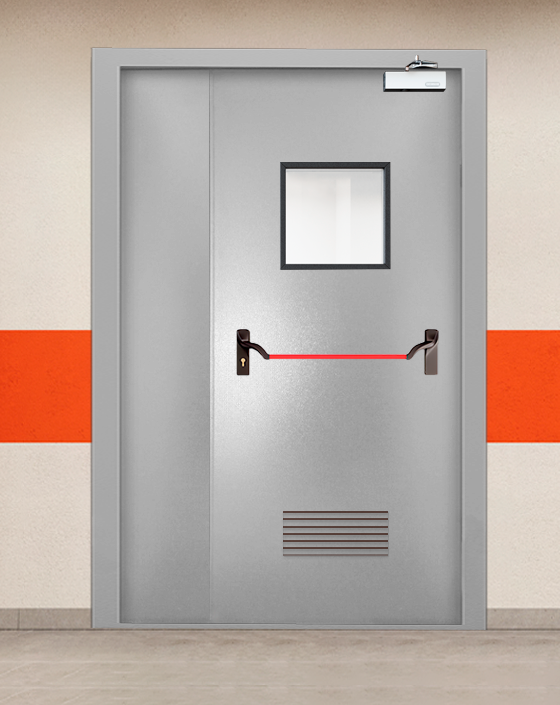 Противопожарная полуторная серая дверь порошковым напылением EI-90 с ручкой антипаника, квадратным окном, прямоугольной решеткой