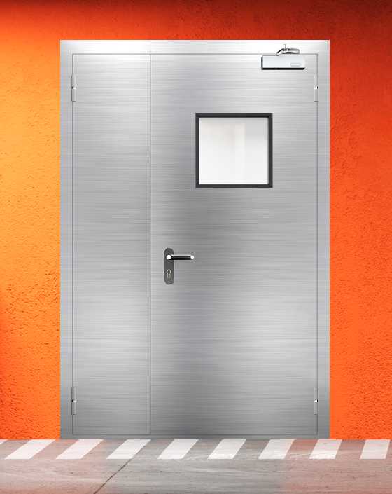 Противопожарная полуторная из нержавеющей стали серая дверь EIS 30 с квадратным окном