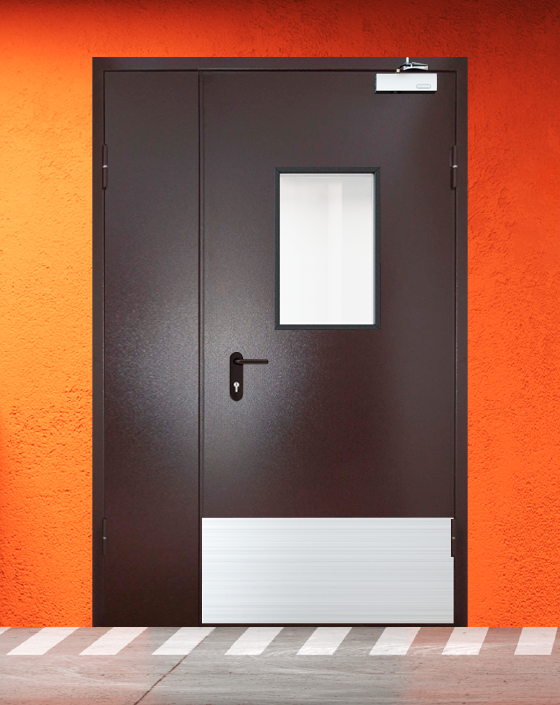 Противопожарная полуторная коричневая дверь порошковым напылением EIS 60 с прямоугольным окном, широким отбойником