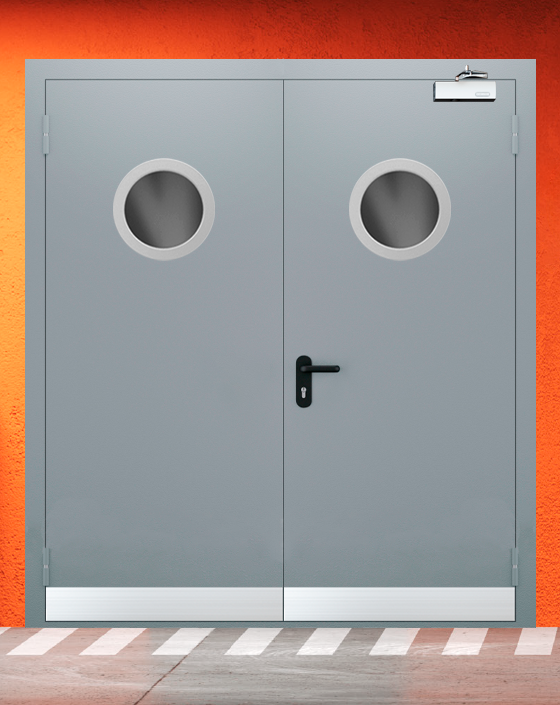 Противопожарная двупольная серая дверь EI-90 с круглым окном, узким отбойником
