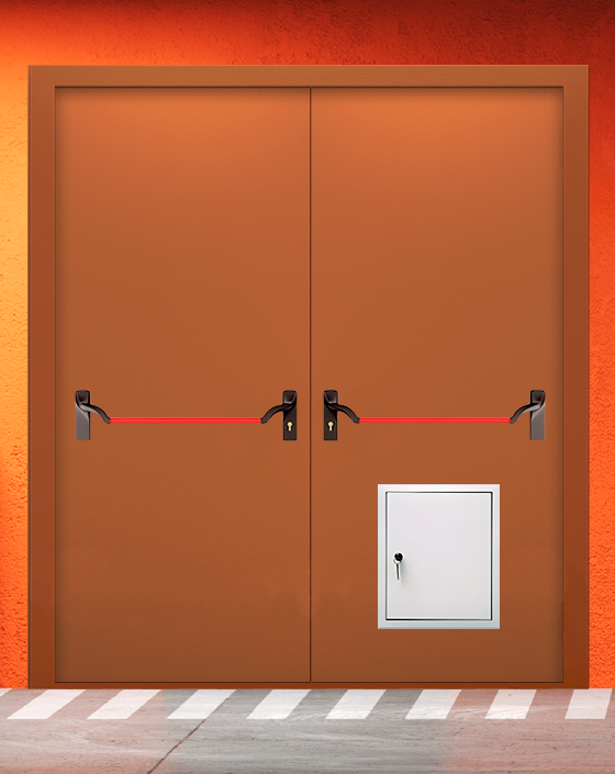 Противопожарная двупольная коричневая дверь EIS 60 без доводчика с ручкой антипаника, стыковочным узлом