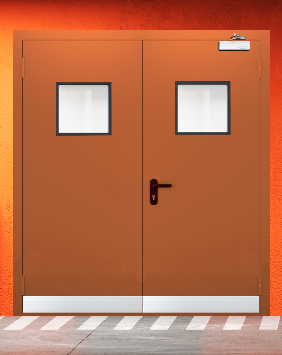 Противопожарная двупольная коричневая дверь EIS 60 с квадратным окном, узким отбойником