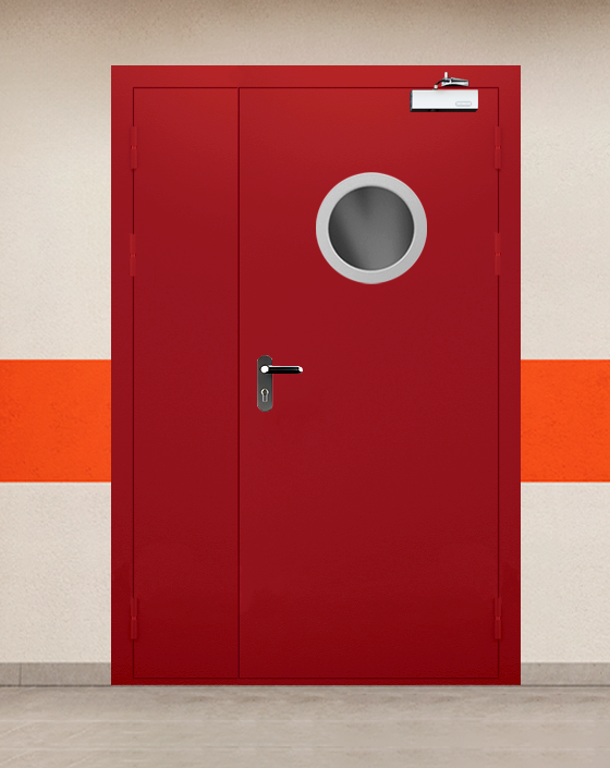 Противопожарная полуторная красная дверь EIWS 30 с блестящей ручкой, круглым окном