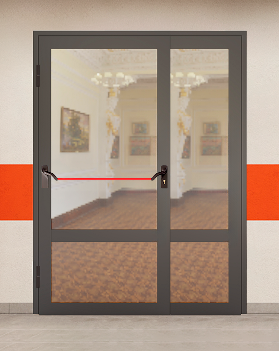 Противопожарная полуторная светопрозрачная стальная коричневая дверь EIW 60 без доводчика с ручкой антипаника