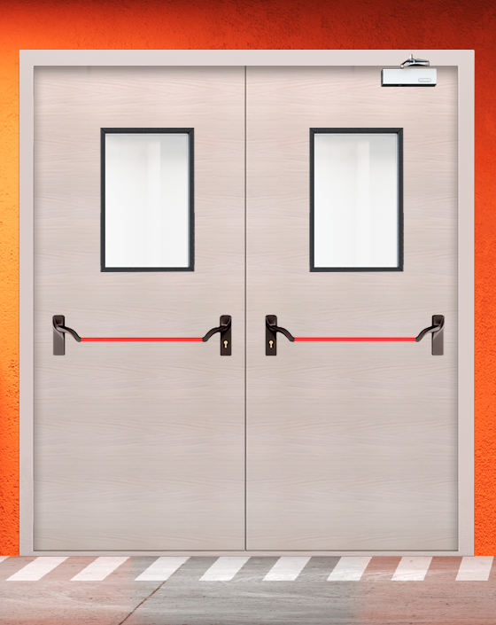 Противопожарная двупольная МДФ бежевая дверь с ручкой антипаника, прямоугольным окном
