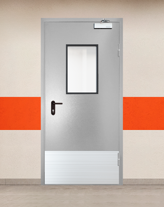 Противопожарная однопольная серая дверь порошковым напылением EI 45 с прямоугольным окном, широким отбойником