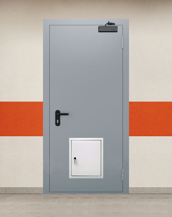 Противопожарная однопольная серая дверь EI 45 с стыковочным узлом