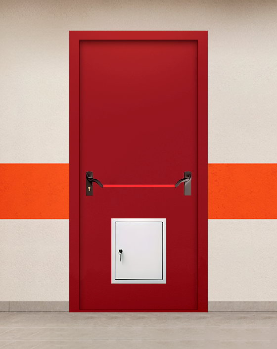 Противопожарная однопольная красная дверь EIWS 60 без доводчика с ручкой антипаника, стыковочным узлом