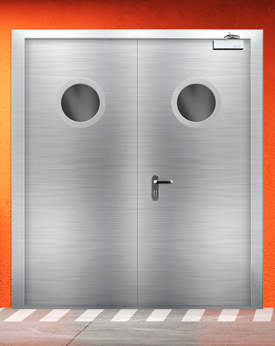 Противопожарная двупольная из нержавеющей стали серая дверь EIS 90 с круглым окном
