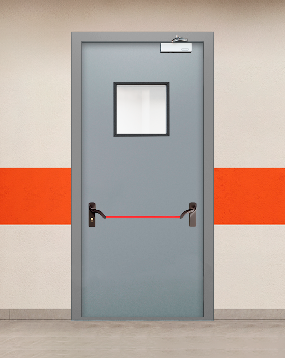 Противопожарная однопольная серая дверь EIS 60 с ручкой антипаника, квадратным окном