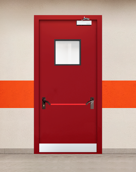 Противопожарная однопольная красная дверь EIWS 60 с ручкой антипаника, квадратным окном, узким отбойником