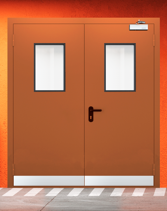 Противопожарная двупольная коричневая дверь EIS 60 с прямоугольным окном, узким отбойником